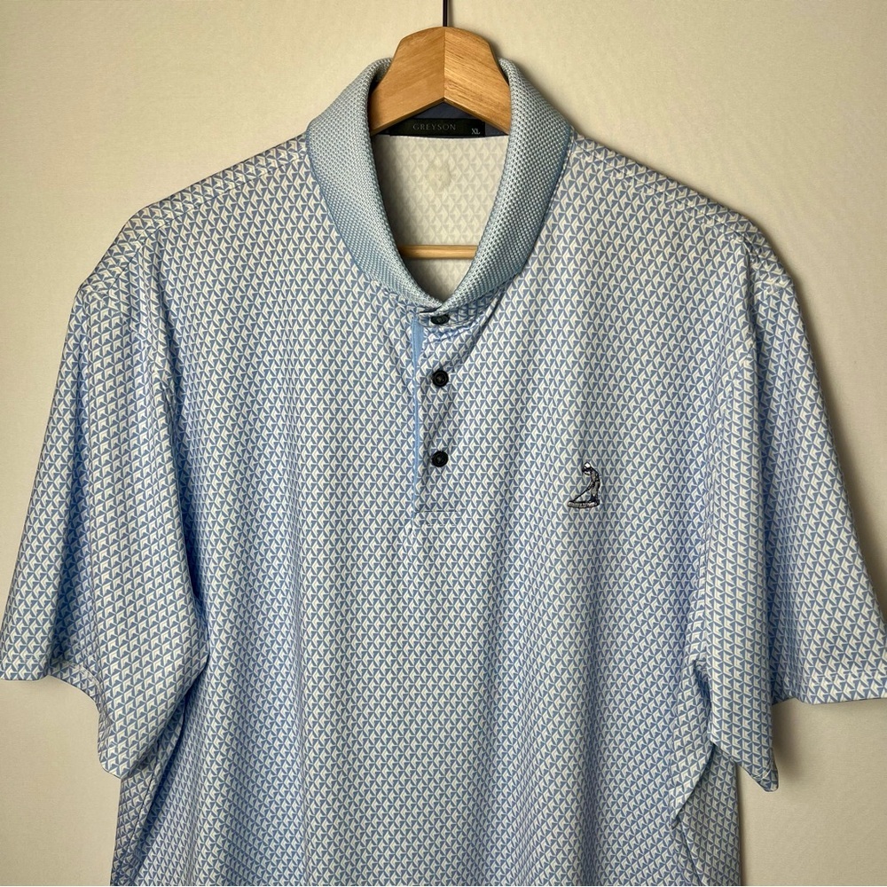 Greyson Performance Luxury Polo Shirt Men XL Blue White Geo Print Golf Stretch - Picture 2 of 9